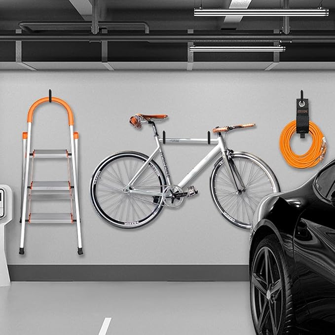 HUHOLE Ladder Hooks 4 Pack Wall Hangers - Ideal for Garage Storage: Ladder, Chair, Cord, Hose, Wheelbarrow