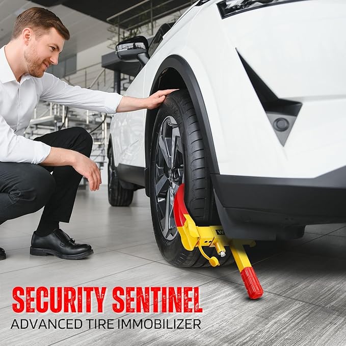Flexzion Trailer Wheel Lock Anti Theft Wheel Clamp Lock - Heavy Duty Adjustable Tire Boot Lock for Trailer with Keys, Red & Yellow Universal Wheel Clamp for Cars, Golf Carts, Boats, Scooters