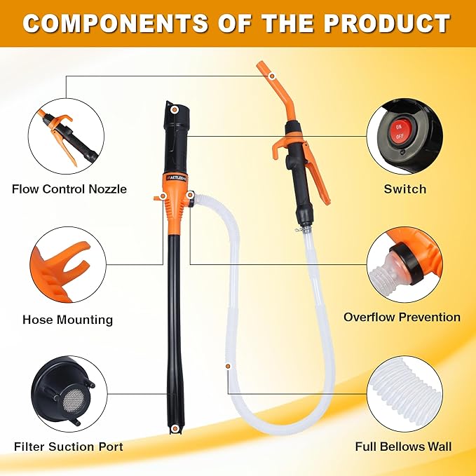 Portable Power Battery Pump, Battery Powered Electric Siphon Pump for Gasoline, Fuel Oil and Diesel, Siphon Liquid Extractor, 2.2 GPM, Hand Fuel Pumps
