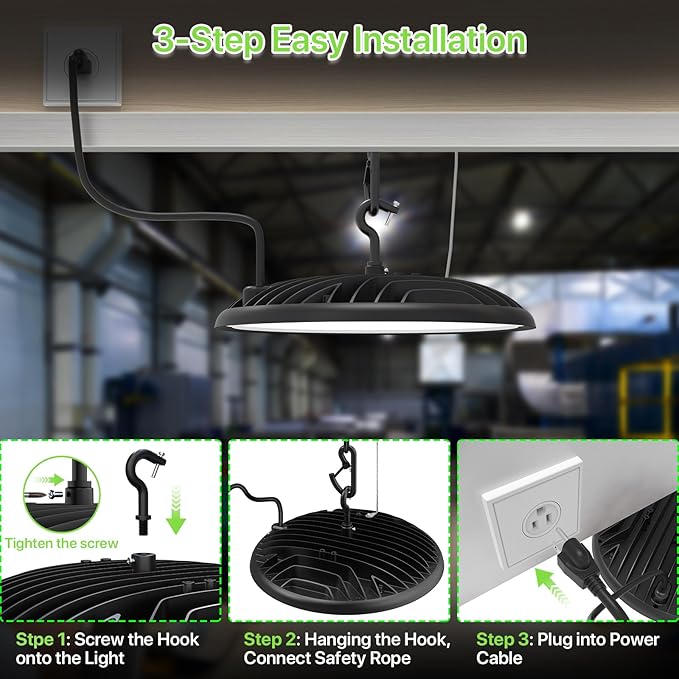 LED High Bay Light 200W, 28000LM 5000K UFO High Bay LED Light with US Plug, Hanging Hook, IP65 Waterproof Commercial Bay Lighting for Barn, Warehouse, Factory ETL Listed