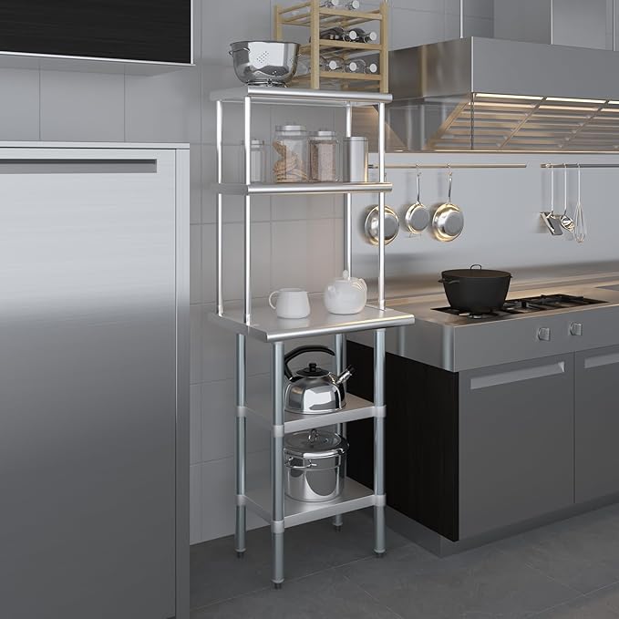 Amgood Stainless Steel Work Table with 2 Shelves | Metal Kitchen Prep Table & Shelving Combo (18" x 24" Table with 2 Shelves + 12" Overshelf)