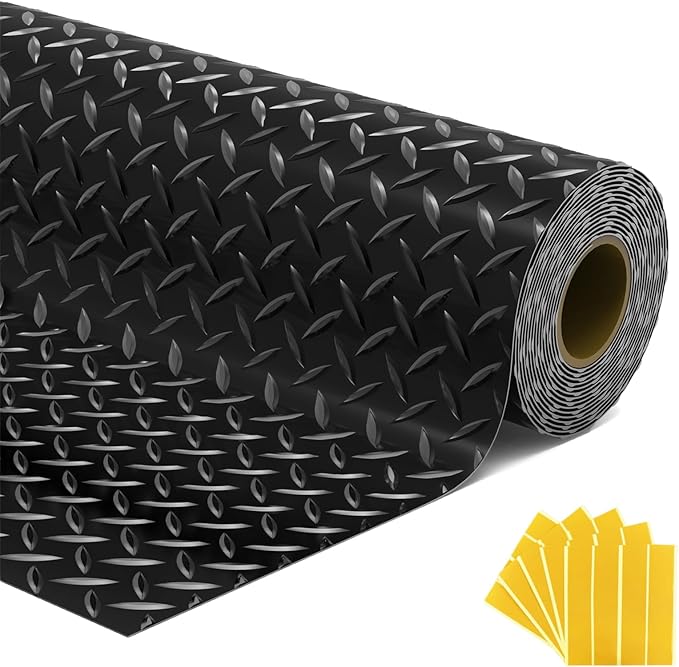 7.5x18 FT Garage Floor Mat, Flooring Roll with 20Pcs Tapes, 135 sqft Diamond Plate PVC Rubber Trailer Mat, Non-Slip Floor Mat for Garage, Warehouse, Gyms, Trailer, Pickup Truck (Black)