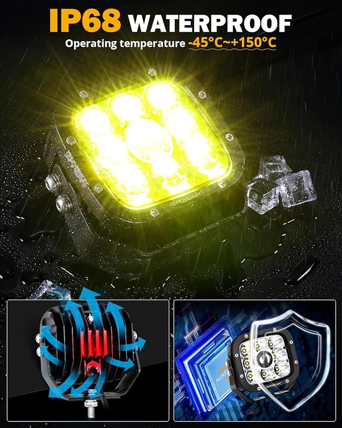Auxbeam 5 Inch LED Pods, XP-Ultra Series Offroad Driving Light 110W Super Spotlight Cube Light Bar Amber Cover, Super Bright Amber Yellow Fog Lights for Truck Jeep Ford Bumper Roof, 2 Years Warranty