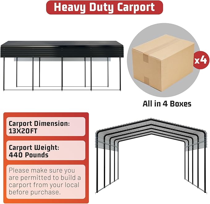 Metal Carport 13 x 20 FT with Heavy Duty Frame & Galvanized Steel Roof, Metal Car Garage, Sturdy Canopy Shelter for Car, Truck, Pickup, SUV, Tractor, and Boat
