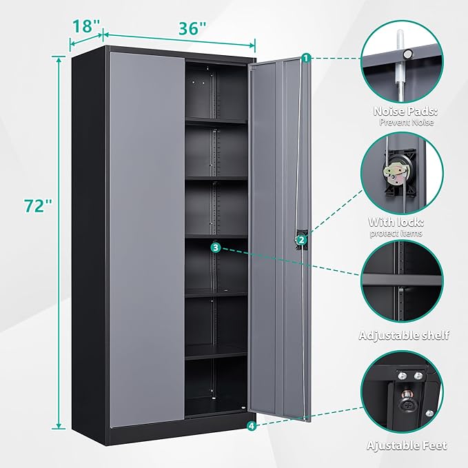 SISESOL Wide & Deep Metal Storage Cabinet with Lock & 5 Adjustable Shelves,72" Gray Garage Storage Cabinet with Locking Doors,Locking Metal Cabinets for Home,Office,Shop,Garage 72x36x18