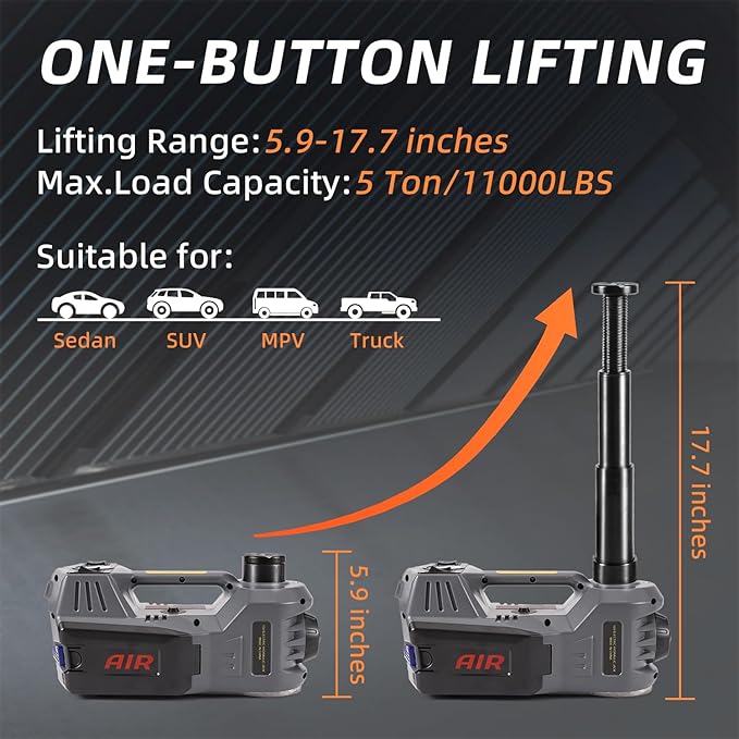 STANDTALL Electric Car Jack Kit 5T 12V Electric Floor Jack Lift for Vehicle, Electric Hydraulic Jack Auto Repair Tool Set with Built-in Inflator and Impact Wrench