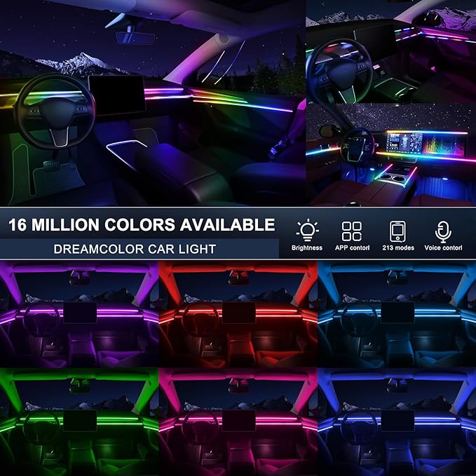 Acrylic Interior Car LED Strip Light with Wireless APP, Dreamcolor RGB 10 in 1 with 175 inches 600 LEDs Fiber Optic Car Ambient Lighting Kits, Dual Zone Sound Active Function LED Strip for Car