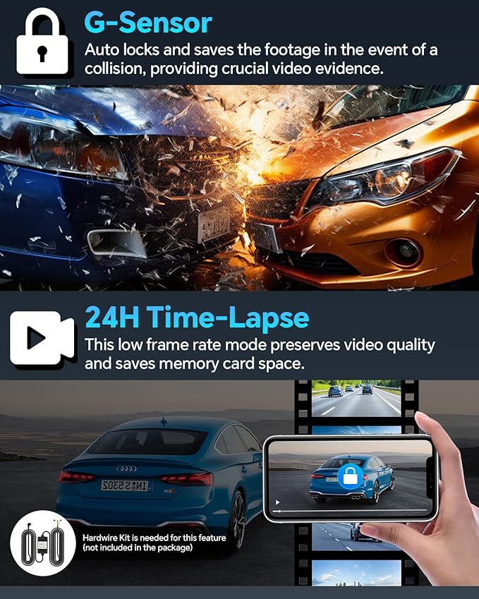 Dash Cam Front and Rear 4K+1080P, Dash Camera for Cars Built-in GPS WiFi, App Control, 64GB Card, 3 Inch IPS Screen Dual Dashcam Car Camera with ADAS, Night Vision, Loop Recording, G-Sensor