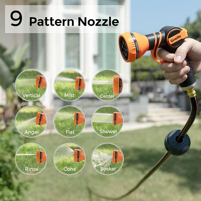 Giraffe Tools AW40 Retractable Hose Reel 5/8" x 90 ft Wall Mounted Garden Hose Reel Heavy Duty, Automatic Rewind, 180 Deg Swivel, Any Length Lock, 9 Pattern Nozzle, 90 ft, Dark Grey