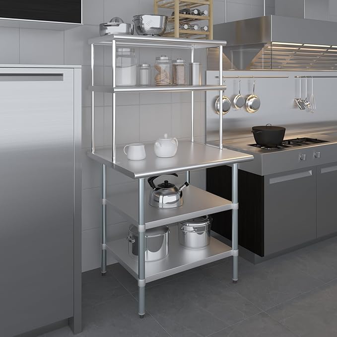 Amgood Stainless Steel Work Table with 2 Shelves | Metal Kitchen Prep Table & Shelving Combo (30" x 36" Table with 2 Shelves + 18" Overshelf)