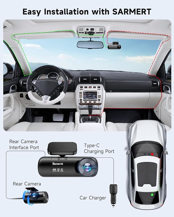 3 Channel Dash Cam, SARMERT 4K Dash Cam Front Inside and Rear with Free 64GB Card, 4K+1080P+1080P Car Camera, G-Sensor, WDR, APP, 5G WiFi, Night Vision, 24H Parking Monitor