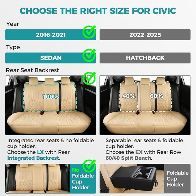 Seat Covers for Honda Civic Sedan LX 2016 2017 2018 2019 2020 2021, Faux Leather Car Seats Cover Full Set (Rear Row Solid & No Folding Backrest)-Beige