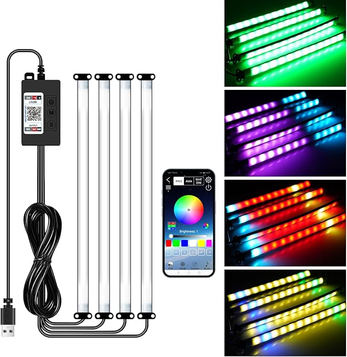 Car Led Interior Foot Well Light Strip Under Dash Bendable PVC Housing RGB 48LEDs Customizable 210 Modes Static Chase Gradient Strobe, Timer App Switch Control, USB 5V, No Remote