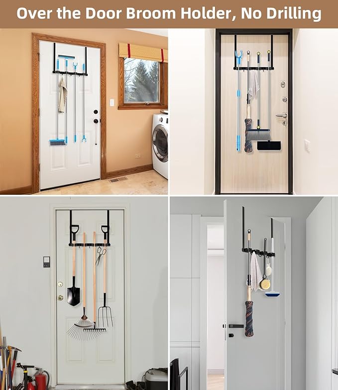 Broom Holder Over The Door 2Pack - 304 Stainless Steel Mop and Broom Hanger Wall Mounted or Hanging Over The Door with Hooks - Tool Organizer for Garage Closet Laundry Kitchen Decor
