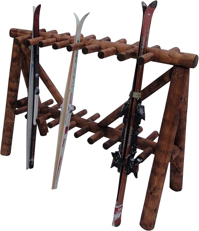 21-Place Freestanding Log Ski Rack Holder, Indoor & Outdoor Snowboard Racks, Standing Storage, Garage Racks for Snow Skis & Poles, Durable Snowboard Rack Garage Storage Organizer - Canyon Brown