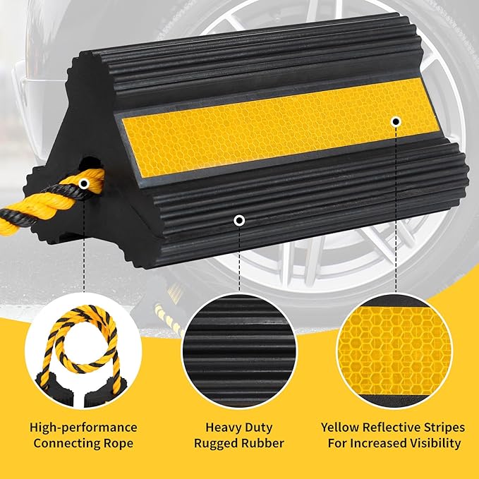 Heavy Duty Rubber Wheel Chocks, 2 Pair, Non-Slip Tire Stopper Blocks with Rope, for RV Camper Travel Trailers Motorhome Aircraft Car Truck
