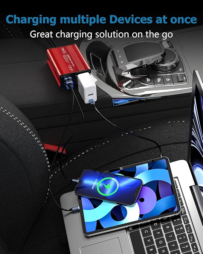 FOVAL 150W Car Power Inverter 12V DC to 110V AC Converter Vehicle Adapter Plug Outlet with 3.1A Dual USB Car Charger for Laptop Computer (Classic Red)