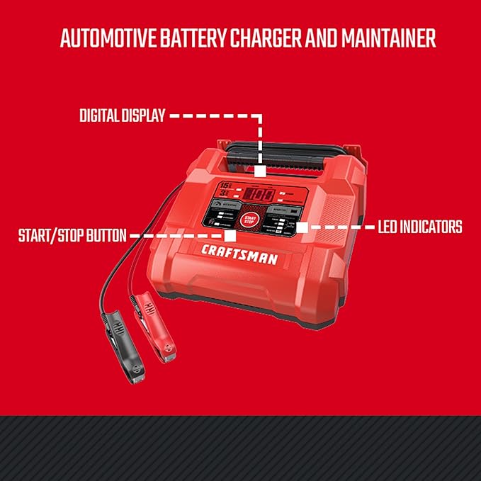 CRAFTSMAN Battery Charger and Maintainer, CMXCESM162, 4-in-1, Fully Automatic, Battery Tester, 15 Amps, 6 Volt, 12 Volt, for Car, SUV, Truck and Marine Batteries