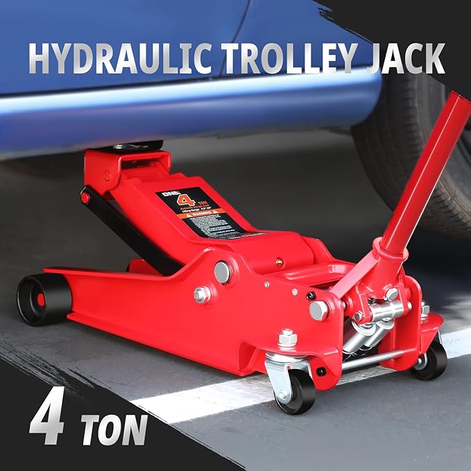 DNA MOTORING Low Profile Hydraulic Trolley Service/Floor Jack, 4 Ton (8000 lbs) Capacity, Lifting Range 4.5"-20",Red,TOOLS-00307
