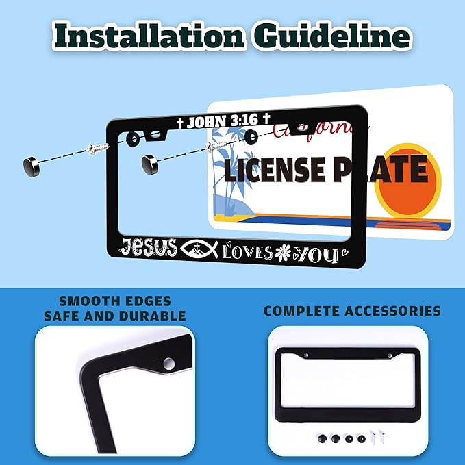 John 3:16 License Plate Frame Jesus Loves You License Plate Holder Christian Cross for Front or Rear Car Tags Stainless Steel Funny Car Decoration with Screws 6.3 X 12.2 in