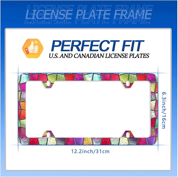 Pretty Cut Glass License Plate Frame Colorful License Plate Stainless Steel Parts Funny License Plate Decorative with Screws Size 12.3" x 6.3" Men Women