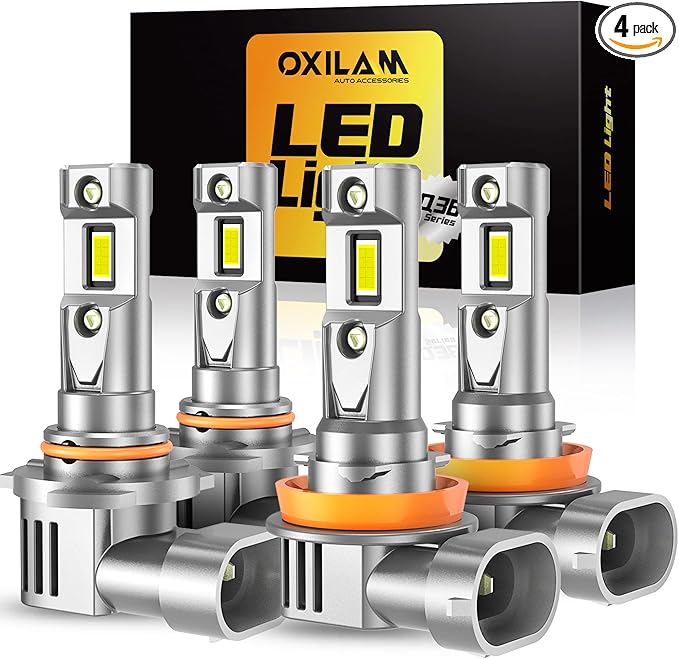 OXILAM H11 9005 Light Bulbs Combo, 70000lm 900% Brighter 6500K Cool White Light, H11-H9-H8 9005-HB3 Fog Light DRL Halogen Replacement 1:1 Size, Wireless Design, IP68 Waterproof, Pack of 4