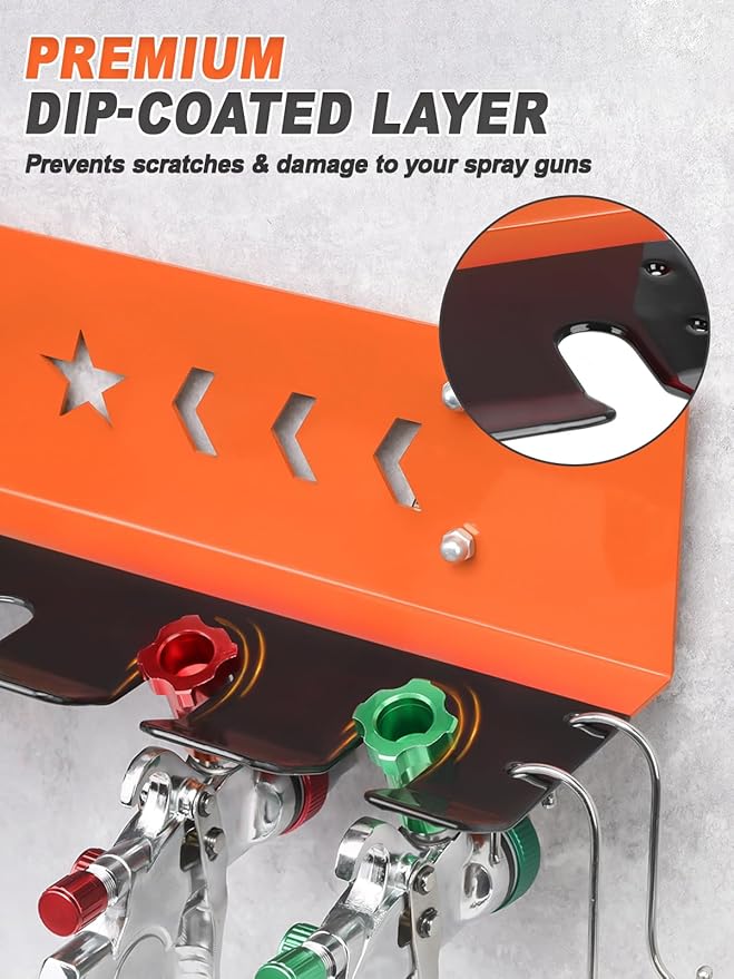 Paint Spray Gun Rack for Magnetic or Wall Mount, Holds 7 Gravity Feed Guns or 4 with Cups, Heavy-Duty Steel Paint Organizer with S-Hooks for Garage, Body Shop or Workshop, Orange
