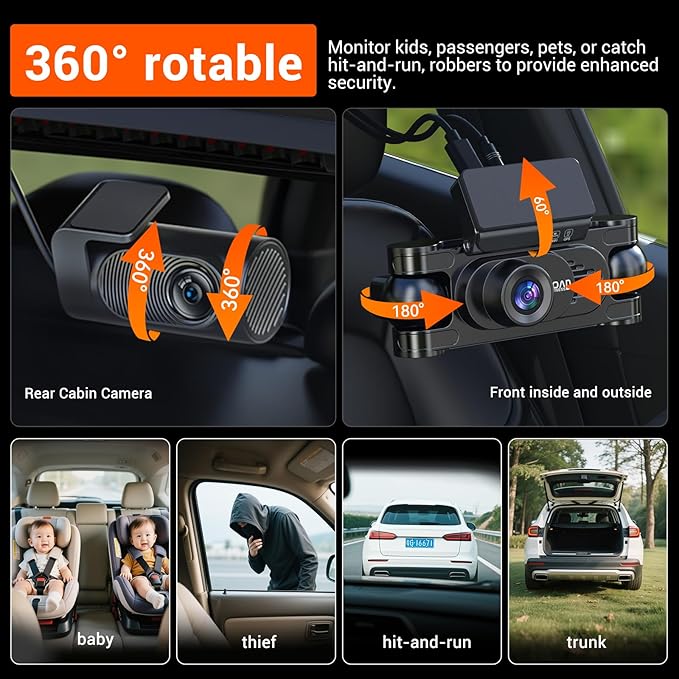 4K 360° DashCam for Cars,4 Channel Car Dash Cam Front and Rear Inside with 128GB Card Included,Voice Control,5.8G WiFi GPS,IR Night Vision, G Sensor, 24/7 Parking Mode &Loop Recording Dash Camera