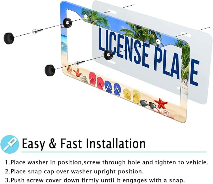 Beach Flip Flops License Plate Frame, Ocean Beach Vacation Scene License Plate Hloder Covers, Metal Aluminum Rustproof Car Accessories for Women Men 2 Holes with Screw Caps