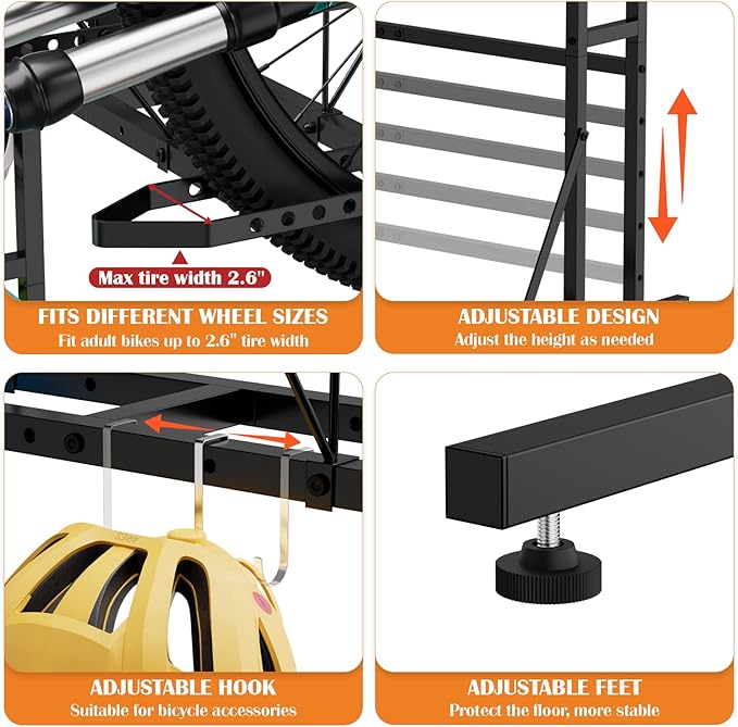 OYEAL Bike Rack Garage Floor Bike Storage Stand with 6 Hooks, Indoor Vertical Bicycle Organizer for 3 Adult Mountain/Road &1 Kids Bikes, Max Tire Width 2.6”, Black