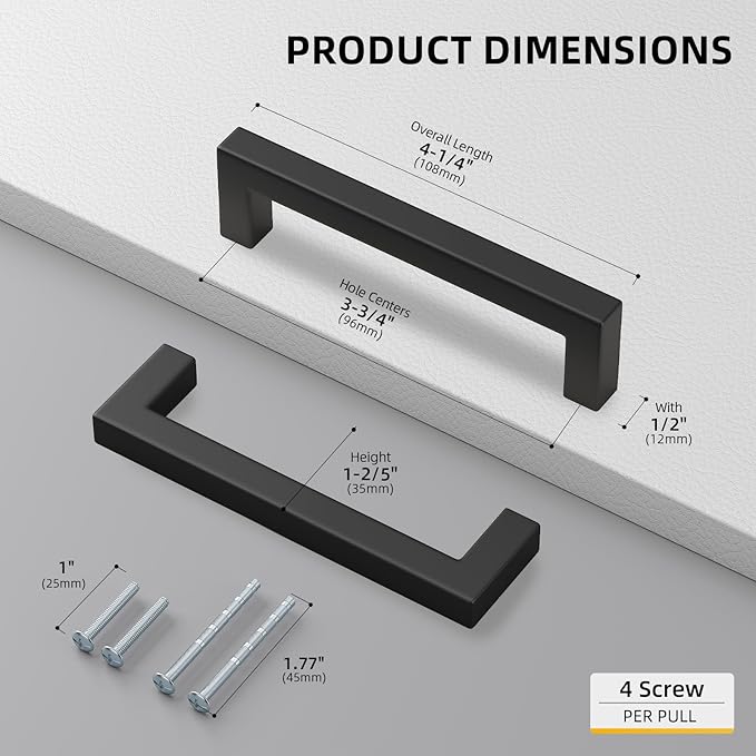 Matte Black Cabinet Pulls Kitchen Drawer Door Flat Square Bar Goldenwarm Pull, 3 3/4 Inch in Hole Center 35 Pack, LSJ12BK96, Modern Black Hardware for Cabinets