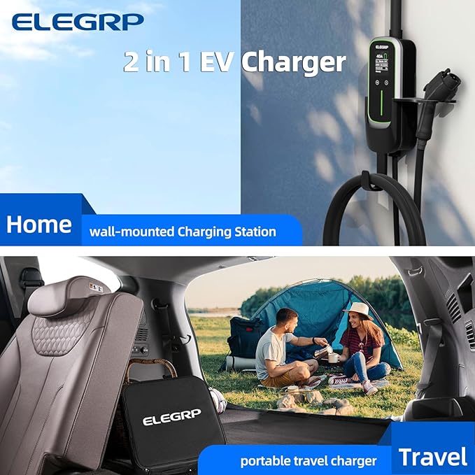 ELEGRP Level 2 EV Charger for Home, 40 Amp, ETL Certified, PBE & LCD Technology, 25ft J1772 Cable with NEMA 14-50 Plug, Plug and Play, 240V for BEVs/PHEVs