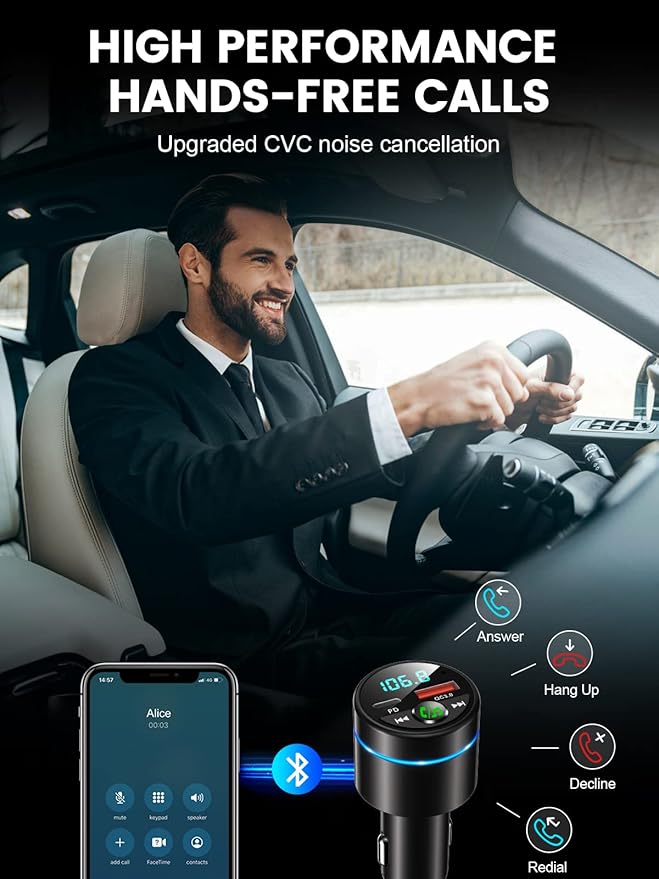 FM Transmitter for Car Bluetooth 5.3, [All-Metal] PD 30W & QC3.0 18W Fast Car Charger, Wireless FM Radio Car Kit Bluetooth Car Adapter, Noise Cancelling Hands-Free Call, Blue Light - Black