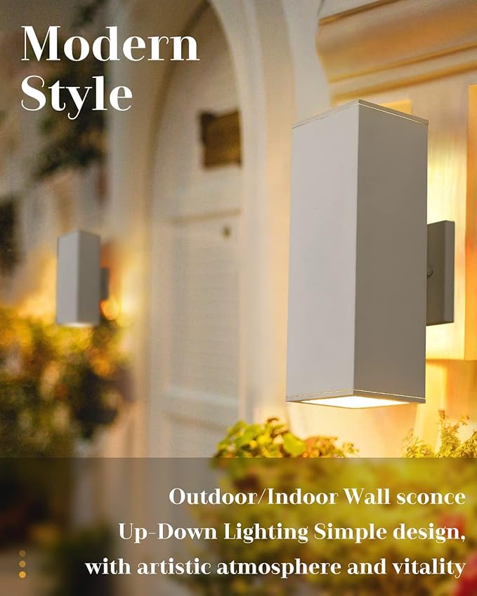 harriet Porch Lights Outdoor Modern - IP64 Waterproof Aluminum and Tempered Glass Cover, 13" Rectangular Up/Down Wall Sconce for Porch, Garage & Patio, Exterior Lighting, White, 2 Pack
