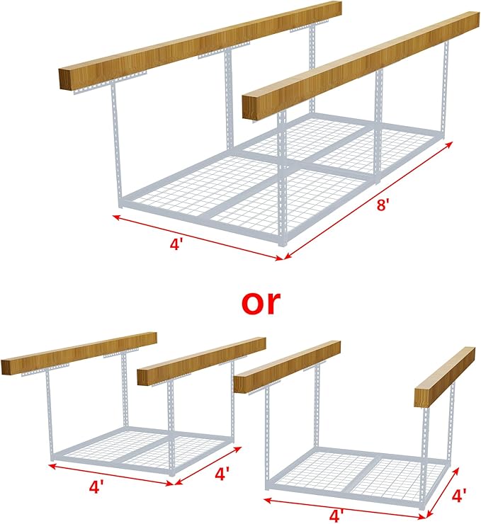 The Atlas Pro 4 x 8 ft Overhead Garage Storage Rack, Ultra Duty 1250lbs Weight Capacity, Adjustable Height 26"-48", White