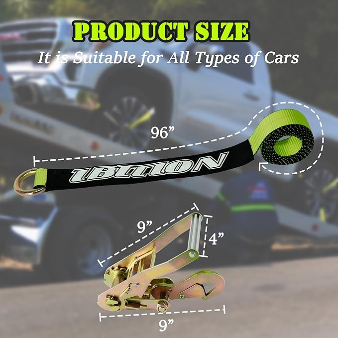 4 Pack Car Tie Down Straps for Trailers - 2" x 96" - 3,300 lbs Safe Working Load -Adjustable Wheel Straps for Hauling Cars.Green