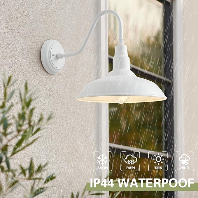 14 Inch Dome Outdoor Gooseneck Barn Light Fixture for Farmhouse, White Exterior Goose Neck Wall Mount Lights for Porch, Barn Style Wall Sconce Lighting for Patio, Garage