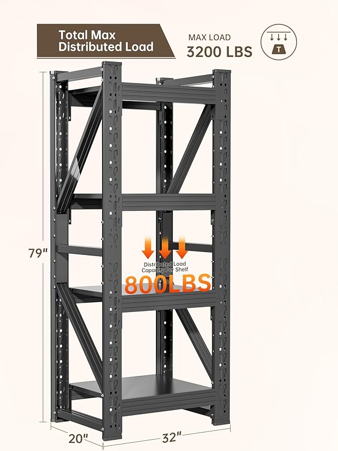 4-Tier Storage Shelves,79" H Heavy-Duty Garage Shelving Unit,Adjustable Industrial Metal Shelf System,3,200lbs Capacity,Tool Organizer for Garage,Workshop,32" W*20" D*79" H,Black