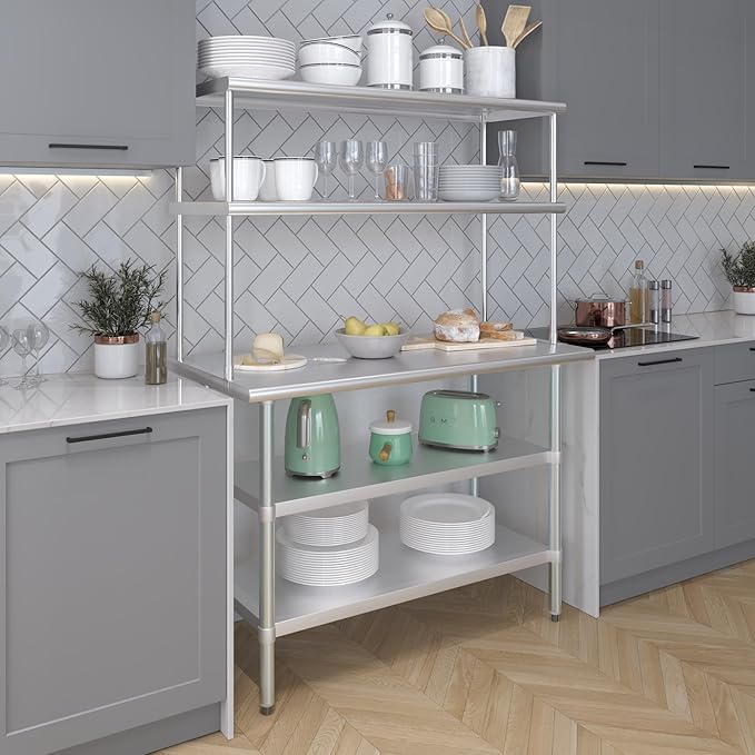 Amgood Stainless Steel Work Table with 2 Shelves | Metal Kitchen Prep Table & Shelving Combo (24" x 48" Table with 2 Shelves + 18" Overshelf)