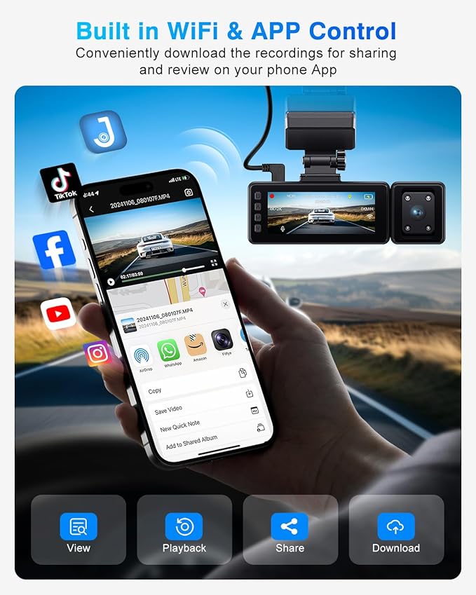 3 Channel 4K Dash Cam, IMX335 STARVIS Sensor, 4K+2K Front and Inside, 2K+1080P+1080P Front and Rear Inside Dash Camera for Cars, Free 64GB Card, Built in WiFi GPS, Intelligent Voice Control
