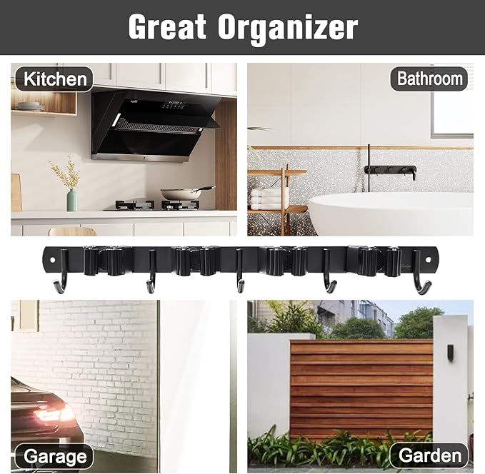 Mop and Broom Holder Wall Mount 4 Racks and 5 Hooks Broom Organizer Storage Tool Racks Stainless Steel Heavy Duty Hooks for Home Kitchen Garden Laundry Garage