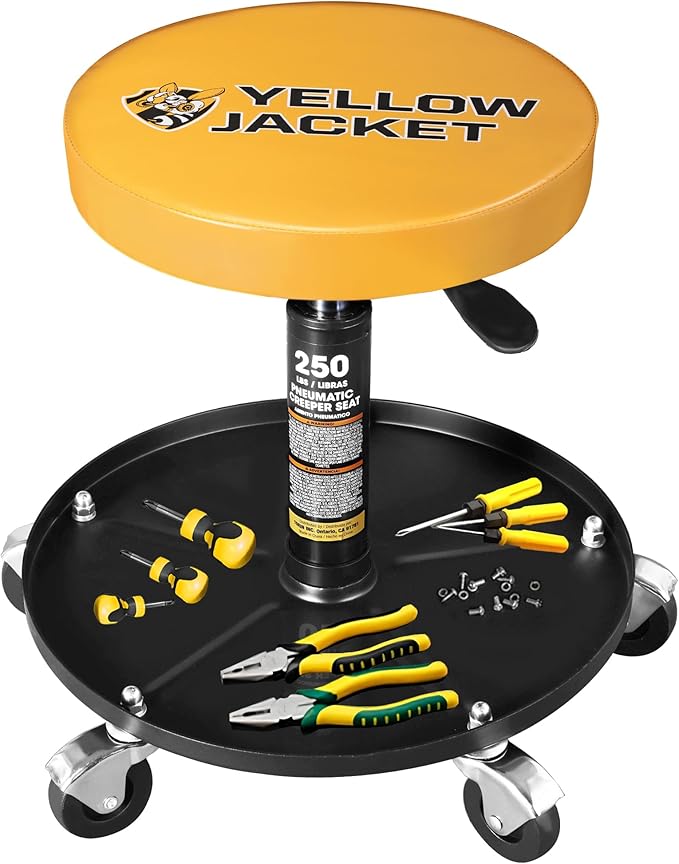 YELLOW JACKET Rolling Mechanic Stool with Wheels Pneumatic Garage Shop Seat Adjustable Height Roller Mechanics Creeper Chair with Tool Tray for Auto Repair