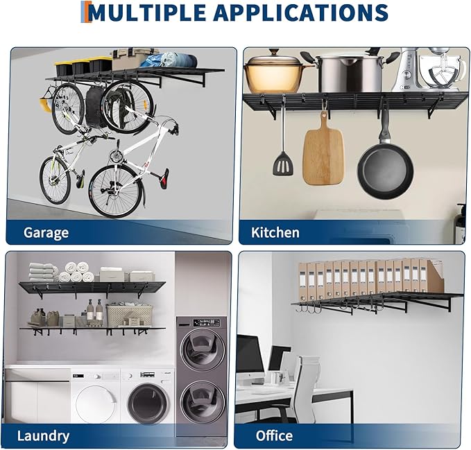 2 Pack Heavy Duty Garage Wall Shelves, 2x4ft Wall Mount Storage Shelf with Hooks, Shelf Warehouse Organization System, Rack Shelving, Holds 200 Lbs Each for Shop, Garage Storage