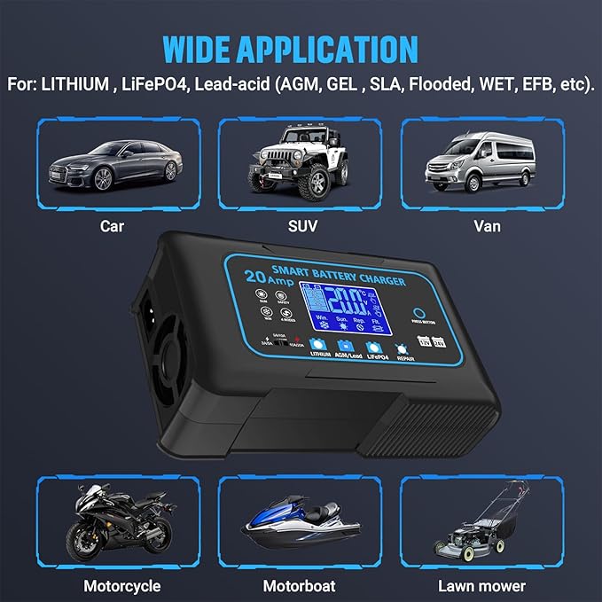 20-AMP Car Battery Charger, 12V 20A and 24V 10A Smart Automotive Charger, Battery Maintainer, Trickle Charger for Car, Motorcycle, Boat, Lead-Acid, Lithium, LiFePo4 Battery