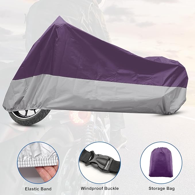 X AUTOHAUX Motorcycle Cover for Harley Davidson for Honda for Suzuki All Season Waterproof Outdoor Protection Motorbike Cover Fits Up to 116.14'' Motorcycles Cover XXXL Purple Silver Tone