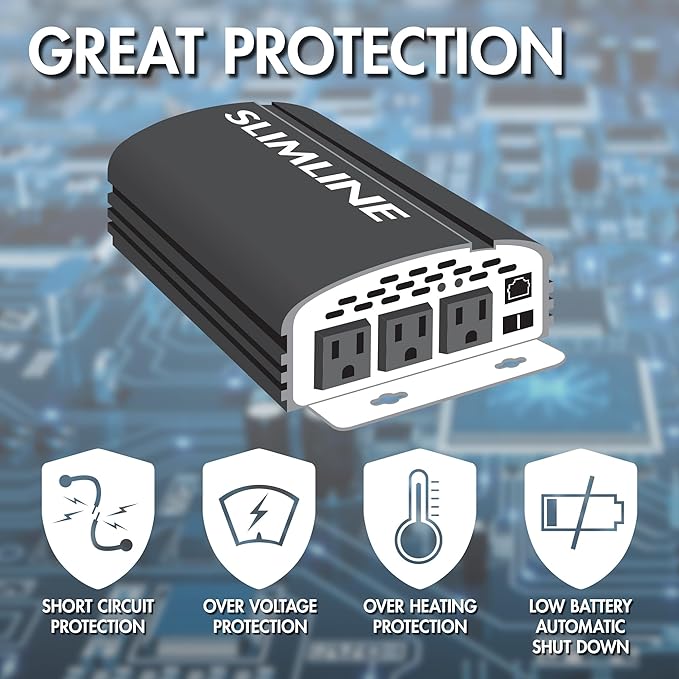 Wagan EL3724 2000W Slim Line AC to DC Power Inverter 2000W TrueRated Continuous 4500W Surge Power DC 12V to AC 110V Power Inverter with 3 AC Outlets and 2A USB Charging Port