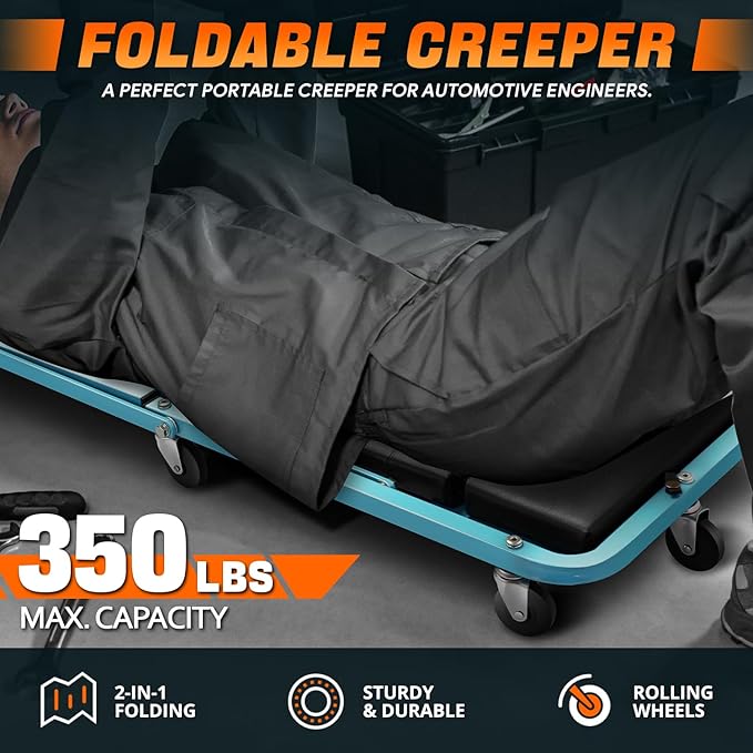 DNA MOTORING 48" 2 IN 1 Folding Rolling Garage Shop Creeper Roller Seat, 7 Pcs 2" Casters, 350 Lbs Weight Capacity, Tiffany Blue, TOOLS-00193-TB
