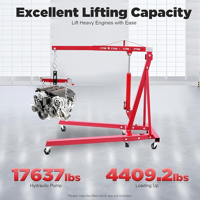 Folding Engine Crane 2 Ton Folding Engine Hoist with Engine Leveler 4400lbs Hydraulic Crane with 6 Iron Caster Wheels for Garage, Workshop (Red)