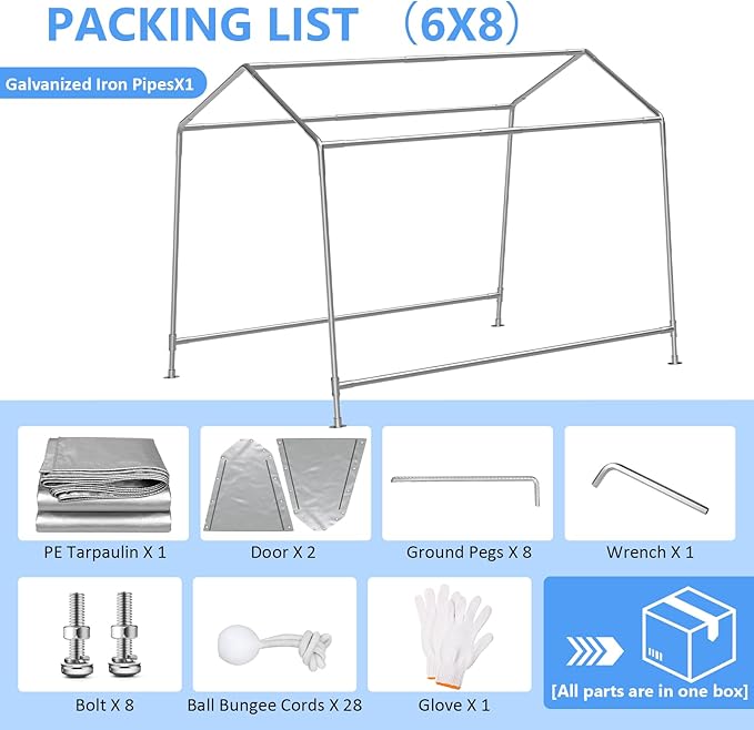 6x8 ft Carport Heavy Duty Tent with Roll-up Windows, Portable Garage with Removable Sidewalls & Doors, Car Canopy All-Season Tarp for Car Boat Truck Motorcycle