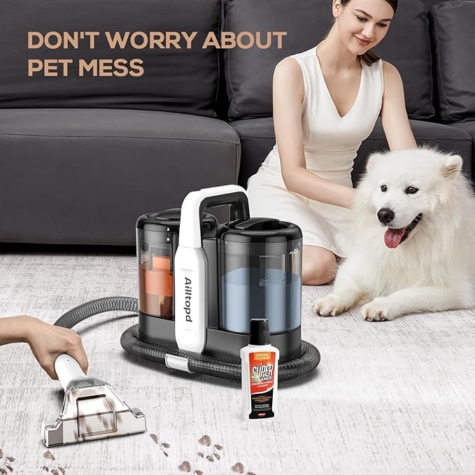 Upholstery Cleaner Machine, Powerful Suction & Portable Spot Remover, Deep Stain Cleaning for Carpet, Pets, Stairs, Car Seat, Couch, with Dual Size BrushHead and Cleaning Solutions